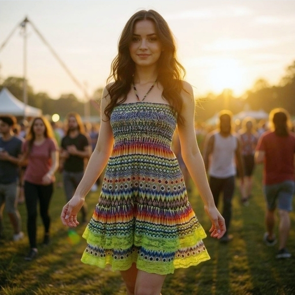 Lapis ✦ Boho Rainbow Halter Dress ✦ Lace Hi-Low Hem + Festival Vibes Sz S EUC - Picture 1 of 14